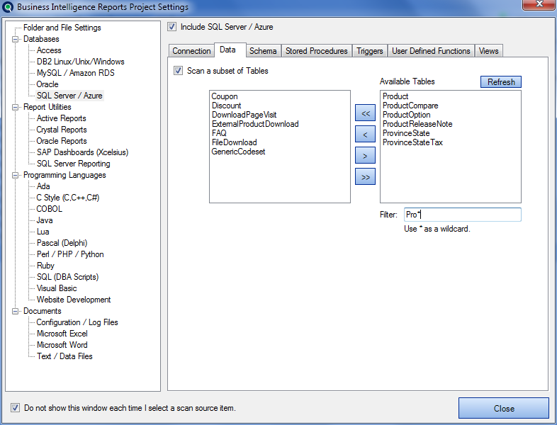 Database Tables Settings